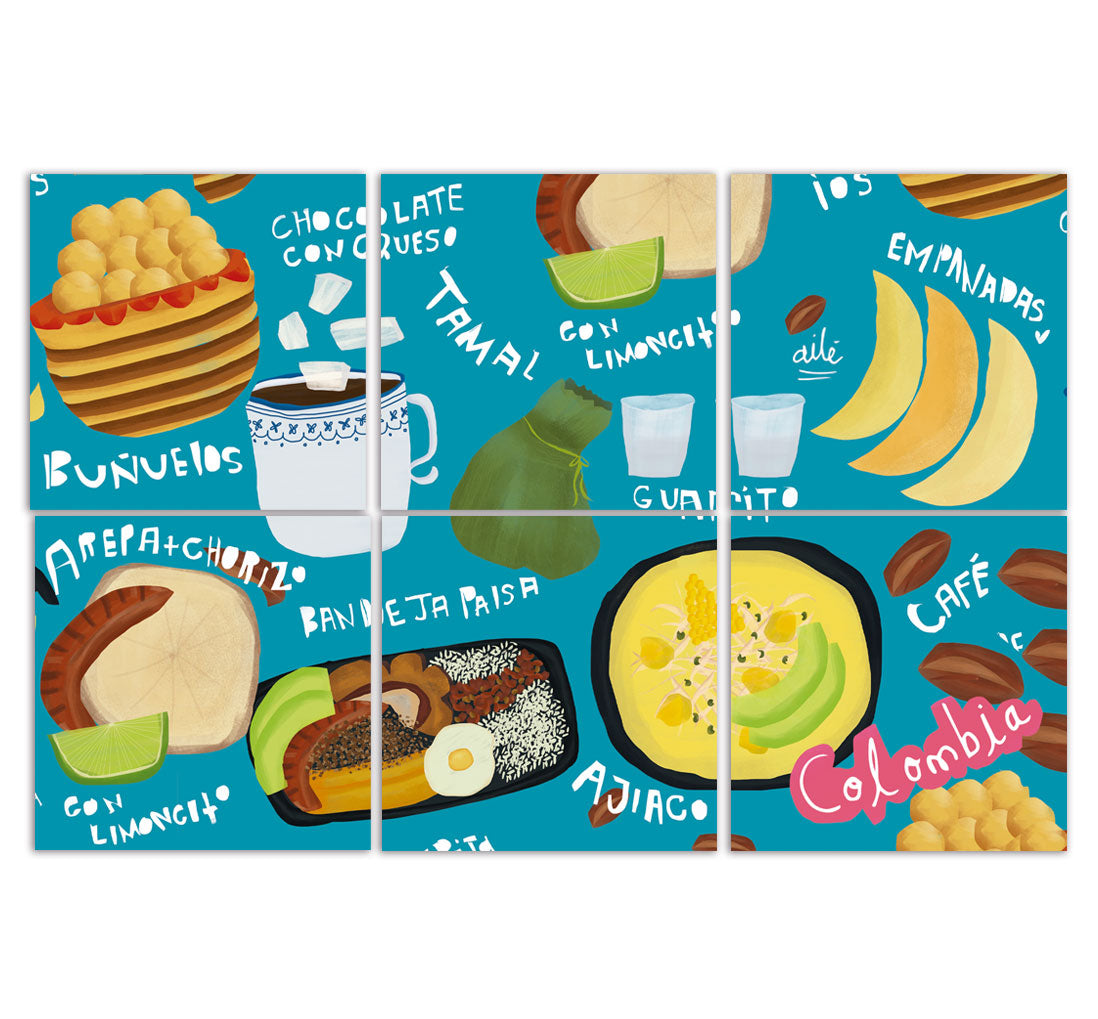 Set de 6 portavasos con las delicias más queridas de la gastronomía colombiana, bandeja paisa, guarito, café y arepa, regalo original, regalo gastronomía colombiana, platos típicos ilustrados, comida típica de Colombia ilustrada, regalo de cocina colombiano, egalo para extranjeros, colombianos en el exterior y turistas, regalo para hombre, idea de recuerdos de colombia para extranjeros, regalo para mujer, set de portavasos. Ailé 