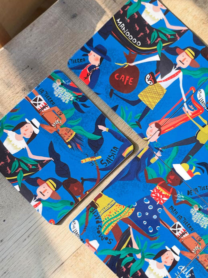 Portavasos de madera ilustrado con personajes y culturas típicas de Colombia, campesinos, salsa, somos pacifico, cafeteros y músicos, diseño original Ailé Mi Gente, cultura colombiana ilustrada, diversidad cultural Colombia, decorar tu mesa, regalos ejecutivos portavasos colombianos, hecho en colombia, regalo cultura colombiana, regalo típico colombiano, souvenir colombiano, recuerdo de viaje original, regalo para extranjeros, colombianos en el exterior y turistas, regalo para hombre. Ailé