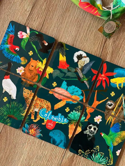 Set de portavasos con ilustración ,diseño de fauna silvestre de Colombia ilustrada, paujil de pico azul, oso de anteojos, frailejón, colibri, titi cabeciblanco y mono araña café — recuerdo de viaje original hecho en Colombia, souvenir colombiano, wildlife Colombia souvenir, Colombian wildlife apron, endemic animals Colombia gift, endemic animals Colombia gift,decorar tu mesa, regalos ejecutivos portavasos colombianos, hecho en colombia, regalo cultura colombiana, regalo típico colombiano.aile