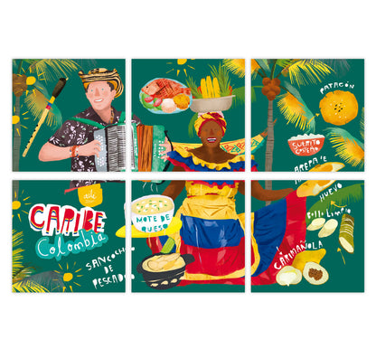 Set de portavasos con ilustración ilustrado "Caribe Colombia" con palenquera, acordeonero y gastronomía costeña, diseño de portavasos inspirados en la gastronomía colombiana, decorar tu mesa, regalos ejecutivos portavasos colombianos, hecho en colombia, regalo cultura colombiana, regalo típico colombiano, souvenir colombiano, recuerdo de viaje original, regalo para extranjeros, colombianos en el exterior y turistas, regalo para hombre, idea de recuerdos de colombia para extranjeros, regalo para mujer. Ailé