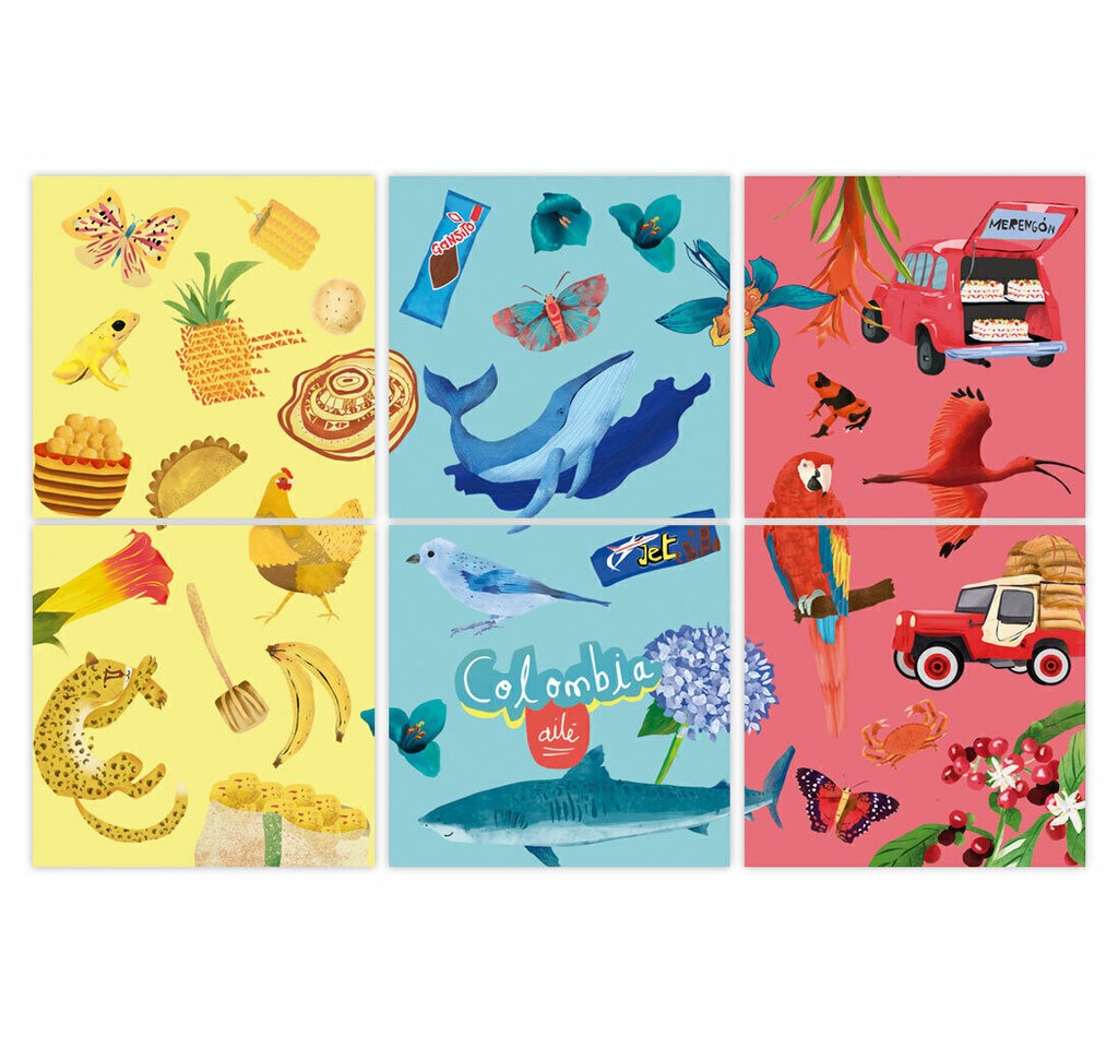 Portavasos de madera, con ilustración de Colombia —  tiburón, ballena, bandera, rana amarilla y mata de café,regalo cultura colombiana, regalo típico colombiano, souvenir colombiano, recuerdo de viaje original, regalo para extranjeros, colombianos en el exterior y turistas.aile