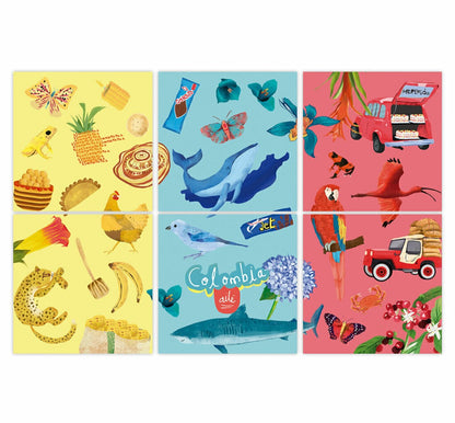 Portavasos de madera, con ilustración de Colombia —  tiburón, ballena, bandera, rana amarilla y mata de café,regalo cultura colombiana, regalo típico colombiano, souvenir colombiano, recuerdo de viaje original, regalo para extranjeros, colombianos en el exterior y turistas.aile