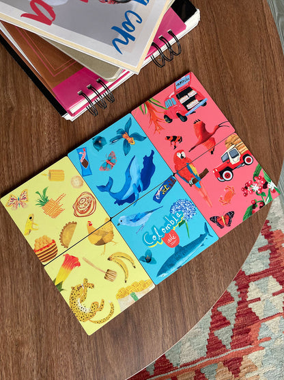 Set de 6 portavasos,ilustrado con símbolos de Colombia en tres franjas — fauna, chiva, yipao, sombrero vueltiao y mar,portavasos ilustrados colombia, portavasos diseño colombiano, portavasos colombianos, decoración hogar, set de portavasos colombianos, portavasos de resina.aile