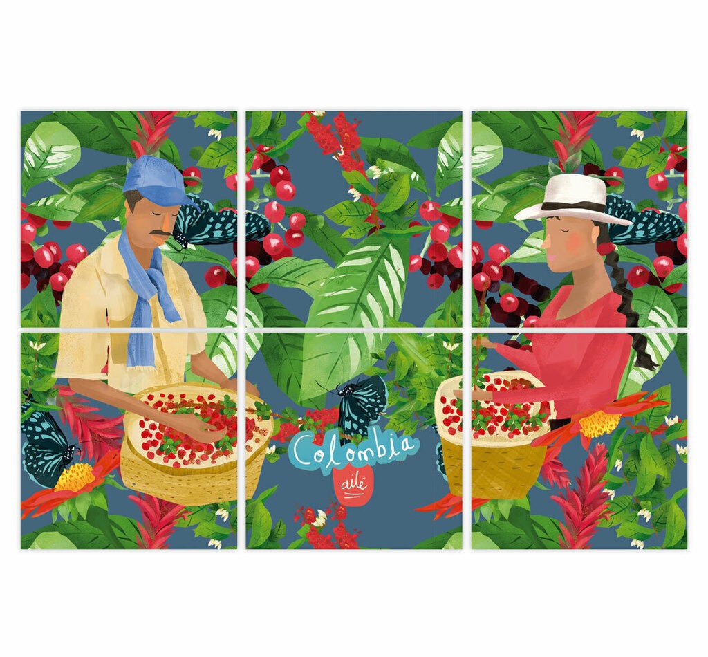  Set de portavasos con ilustración , ilustrada con campesinos cafeteros del Eje Cafetero colombiano — inspirado en la cosecha de café y el paisaje cafetero de Colombia,  souvenir café Colombia, decorar tu mesa, regalos ejecutivos portavasos colombianos, hecho en colombia, regalo cultura colombiana, regalo típico colombiano, souvenir colombiano, recuerdo de viaje original, regalo para extranjeros.aile