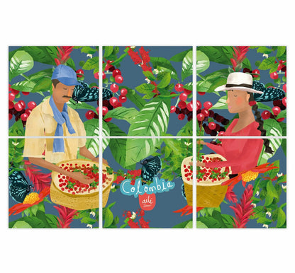  Set de portavasos con ilustración , ilustrada con campesinos cafeteros del Eje Cafetero colombiano — inspirado en la cosecha de café y el paisaje cafetero de Colombia,  souvenir café Colombia, decorar tu mesa, regalos ejecutivos portavasos colombianos, hecho en colombia, regalo cultura colombiana, regalo típico colombiano, souvenir colombiano, recuerdo de viaje original, regalo para extranjeros.aile