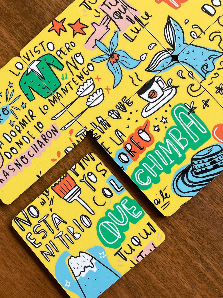 Portavasos de madera con dichos y frases colombianas ilustradas en amarillo, souvenir colombiano, recuerdo de viaje original, regalo para extranjeros, colombianos en el exterior y turistas, regalo para hombre, idea de recuerdos de colombia para extranjeros, regalo para mujer, set de portavasos. Ailé
