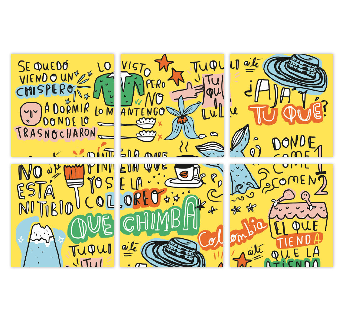 Set de 6 portavasos ilustrado fondo amarillo vibrante lleno de frases típicas colombianas escritas con ilustraciones: "Que chimba", "Pintela que yo se la coloreo", "A ni tibio", "Lo visto pero no lo mantengo", "Tuqui tuqui", "¿Tu qué? Colombia", "Donde come uno comen dos", "El que tiene tienda que la atienda", "¿Ajá?", "Lulú" diseño colombiano, portavasos colombianos, decoración hogar, set de portavasos colombianos, portavasos de resina, set portavasos con madera, portavasos fauna y flora colombiana. Ailé