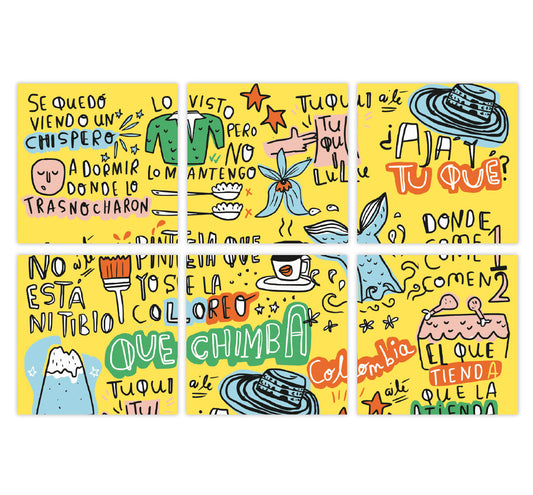 Set de 6 portavasos ilustrado fondo amarillo vibrante lleno de frases típicas colombianas escritas con ilustraciones: "Que chimba", "Pintela que yo se la coloreo", "A ni tibio", "Lo visto pero no lo mantengo", "Tuqui tuqui", "¿Tu qué? Colombia", "Donde come uno comen dos", "El que tiene tienda que la atienda", "¿Ajá?", "Lulú" diseño colombiano, portavasos colombianos, decoración hogar, set de portavasos colombianos, portavasos de resina, set portavasos con madera, portavasos fauna y flora colombiana. Ailé