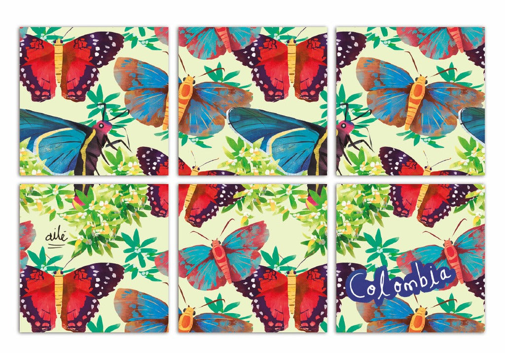Set de portavasos con ilustración , ilustrado con mariposas colombianas en azul y rojo, souvenir de biodiversidad, diseño original Ailé Colombia, estampado mariposas Colombia, diseño mariposas tropicales, set mesa colombiana, posavasos colombianos, apoyavasos de diseño colombiano,artesanía moderna colombiana.aile