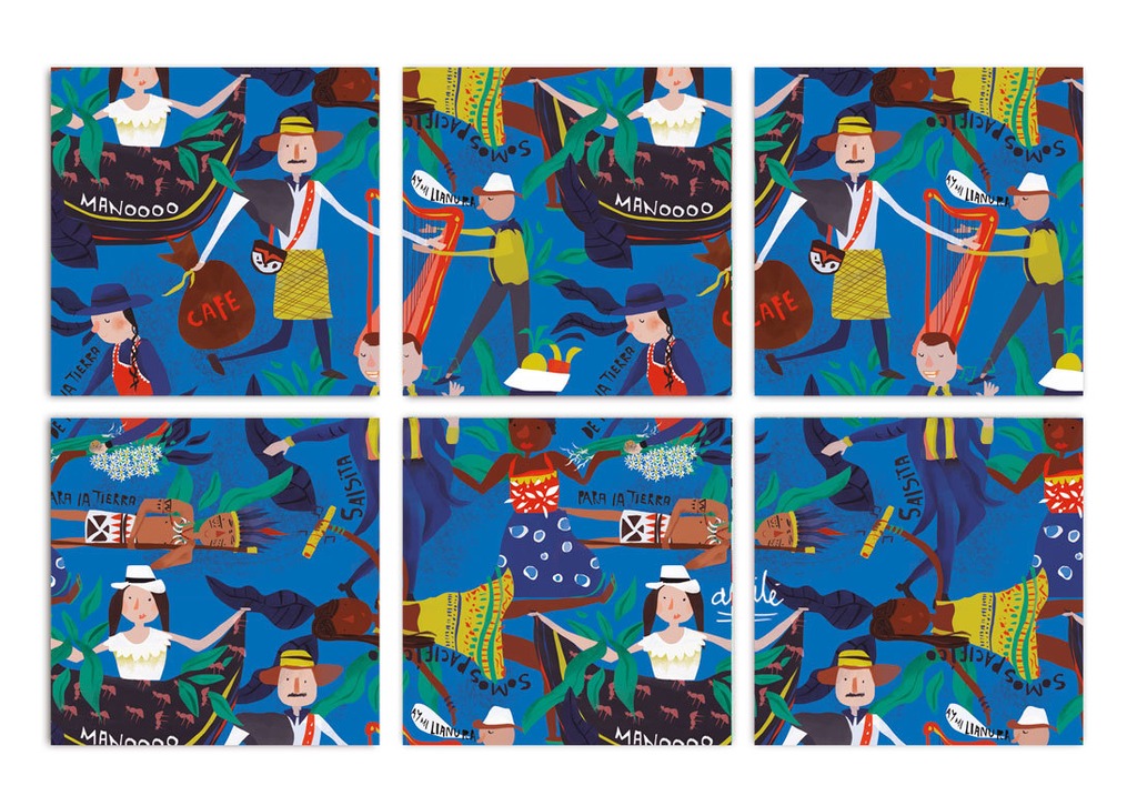 Set de 6 portavasos,  ilustrado "Mi Gente" con personajes típicos colombianos, llanero, palenquera, costeño, caleño, pacifico— campesinos, vendedores y diversidad colombiana, identidades colombianas, diversidad humana y cultural de Colombia, Colombian people illustration gift, Colombian culture souvenir,portavasos ilustrados colombia, portavasos diseño colombiano, portavasos colombianos, decoración hogar, set de portavasos colombianos, portavasos de resina.aile portavasos con madera,