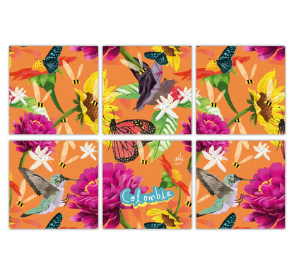Portavasos de madera ilustrado fondo naranja vibrante con polinizadores colombianos — mariposa monarca, colibrí, picaflor, pájaros,,abejas, murciélago, flores grandes fucsia y girasoles amarillos,  recuerdo de viaje original, regalo para extranjeros, colombianos en el exterior y turistas, regalo para hombre, idea de recuerdos de colombia para extranjeros, regalo para mujer, set de portavasos. Ailé