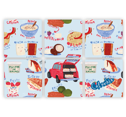 Set de 6 portavasos,diseño "Postres colombianos que alegran la vida" — merengón, arequipe y cocadas — regalo de cocina colombiana, Colombian desserts gift, traditional sweets Colombia souvenir,diseño de portavasos inspirados en la gastronomía colombiana, decorar tu mesa, regalos ejecutivos portavasos colombianos, hecho en colombia, regalo cultura colombiana, regalo típico colombiano, souvenir colombiano, recuerdo de viaje original, regalo para extranjeros, colombianos en el exterior y turistas.aile