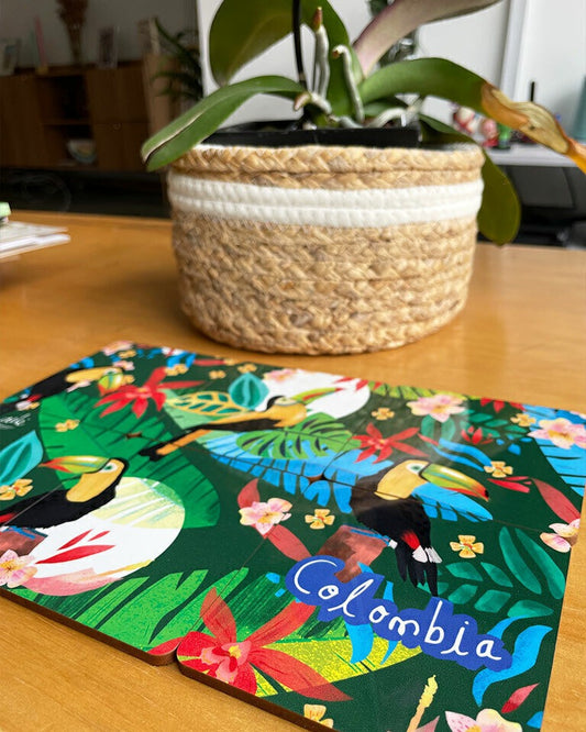 Set de 6 portavasos, ilustrado con tucanes colombianos en selva tropical, flores tropicales y biodiversidad  — regalo colombiano fauna silvestre, tucán colombiano, fauna tropical Colombia, aves de Colombia ilustradas, portavasos ilustrados colombia, portavasos diseño colombiano, portavasos colombianos, decoración hogar, set de portavasos colombianos, portavasos de resina.aile