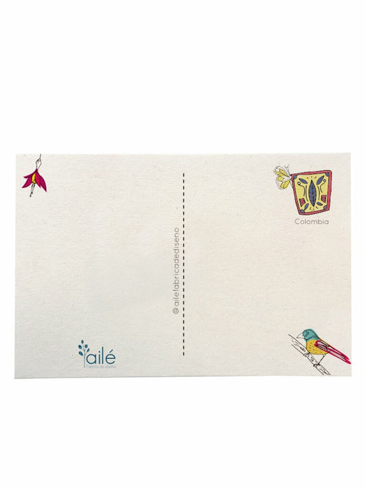 Reverso de postal viajera de Colombia con espacio para mensaje, dónde comprar postales colombianas ilustradas, postal ilustración naturalista, tarjeta postal sostenible, postales de paisajes colombianos, postal decorativa flores, postal cultura colombiana, miniprints de la biodiversidad de colombia, postal impresa papel reciclado, papelería ecológica colombiana, postal souvenir Colombia, postales souvenir hechas en Colombia, postal identidad colombiana. Ailé