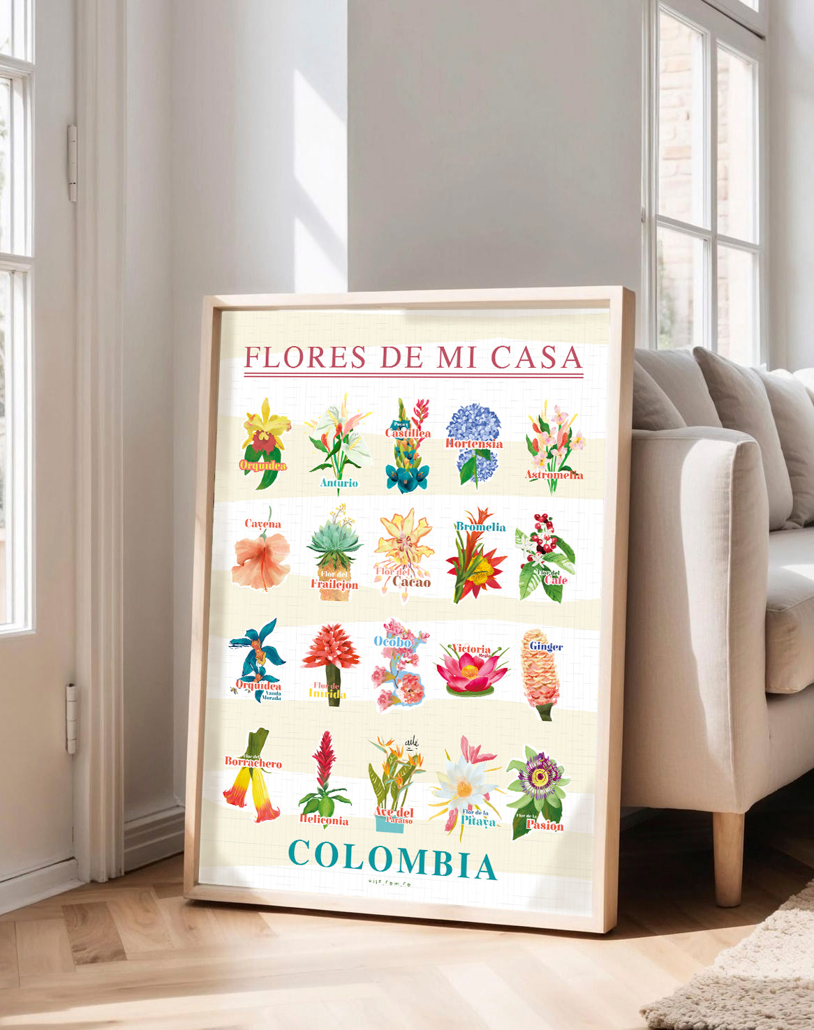 Una guía visual de las flores que hacen parte de nuestros hogares y jardines colombianos. Este póster reúne distintas especies —desde la cayena y el frailejón hasta la orquídea y la pasiflora— cada una identificada por su nombre, en un estilo ilustrado tipo lámina botánica vintage. Perfecto para decorar con identidad: una pared, un rincón de lectura, o cualquier espacio que quieras llenar de color y naturaleza colombiana, póster flores colombianas
lámina botánica Colombia póster decorativo flora. Ailé