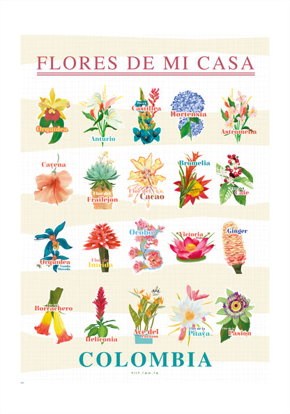 Una guía visual de las flores que hacen parte de nuestros hogares y jardines colombianos. Este póster reúne distintas especies desde la cayena y el frailejón hasta la orquídea, cada una identificada por su nombre, en un estilo ilustrado tipo lámina botánica vintage. Perfecto para decorar con identidad: una pared, un rincón de lectura, o cualquier espacio que quieras llenar de color y naturaleza colombiana, póster para decorar sala
arte pared botánico decoración hogar identidad colombiana. Ailé