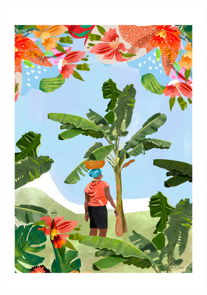 Una escena de campo colombiano, entre hojas de plátano y flores tropicales en flor. Una persona camina con un sombrero y una canasta sobre la cabeza, rodeada de verde intenso y color, capturando ese ritmo pausado de la vida rural que tanto contrasta —y tanto enamora— frente al bullicio de las ciudades, póster para decorar cocina tropical arte de pared naturaleza tropical decoración hogar estilo botánico rural póster sin enmarcar campo colombiano, regalo decorativo tropical Colombia póster para amantes. Ailé