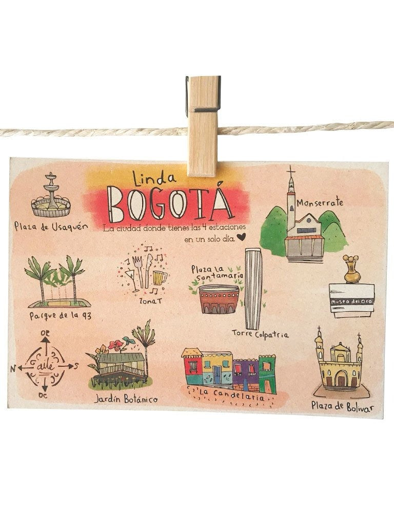 Detalle de ilustración con ilustración urbana colombiana, souvenir colombiano, regalo bogotano, rolo e ilustrado, recuerdo de viaje original, regalo práctico, lugares icónicos de Bogotá, lugares representativos de Bogotá, diseño, souvenir Colombiano, recuerdo de Bogotá, postal para enviar Colombia, sustainable paper postcard Colombia, tarjeta postal recuerdo Colombia, postal coleccionable colombiana, Colombian souvenir postcard, tarjetas postales colombianas online, postal souvenir Colombia fauna. Ailé