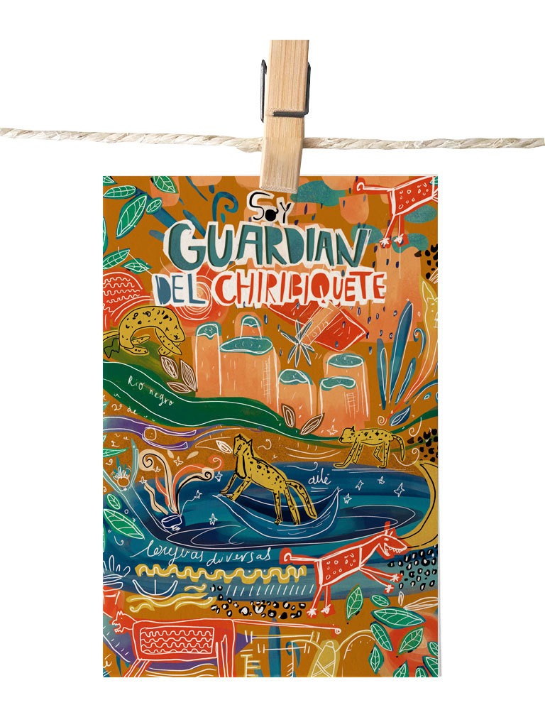 Detalle de ilustración Guardián del Chiribiquete Ailé, ilustración de jaguares y arte rupestre, postal patrimonio Colombia UNESCO, postal souvenir selva colombiana, postal papel reciclado Amazonía, arte rupestre Chiribiquete, guardián del Chiribiquete Colombia, parque nacional Chiribiquete arte, jaguar Amazonía Colombia souvenir, postal para enviar Colombia, sustainable paper postcard Colombia, tarjeta postal recuerdo Colombia, postal coleccionable colombiana, Colombian souvenir postcard. Ailé