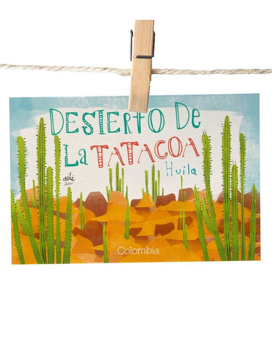 Detalle ilustración Desierto de la Tatacoa, postales souvenir hechas en Colombia, postal paisaje Huila Colombia, postal souvenir Tatacoa, postal cactus Tatacoa ilustrados, regalo souvenir Huila Colombia, postal coleccionable paisajes Colombia, postal para enviar Colombia, sustainable paper postcard Colombia, tarjeta postal recuerdo Colombia, postal coleccionable colombiana, Colombian souvenir postcard, tarjetas postales colombianas online. Ailé