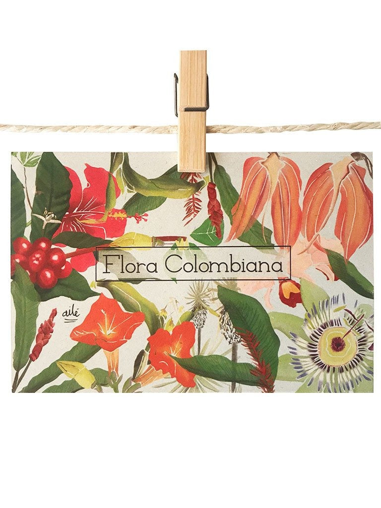 Detalle de ilustración con la diversidad floral tropical– heliconias, hibiscos, granos de café, orquídea y pasifloras, colección Flora, regalo flores tropicales Colombia, souvenir flora colombiana, Colombian tropical flowers coaster set, Colombia flora gift, postal para enviar Colombia, sustainable paper postcard Colombia, tarjeta postal recuerdo Colombia, postal coleccionable colombiana, Colombian souvenir postcard, tarjetas postales colombianas online, postal souvenir Colombia fauna. Ailé