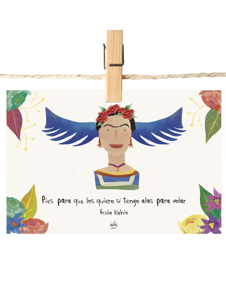 Detalle de ilustración inspirado en Frida Kahlo, regalo empoderador para mujer, diseño colombiano original, regalo feminista Colombia original, regalo femenino empoderador Colombia, postal para enviar Colombia, sustainable paper postcard Colombia, tarjeta postal recuerdo Colombia, postal coleccionable colombiana, Colombian souvenir postcard, tarjetas postales colombianas online, postal souvenir Colombia fauna, postales souvenir hechas en Colombia. Ailé