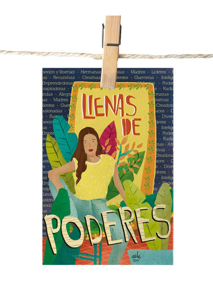 Detalle de ilustración con mensaje resiliencia mujer colombiana, regalo femenino original, Colombian afro woman, regalo empoderador mujer colombiana, accesorios mujer afro colombiana ilustrados, postal para enviar Colombia, sustainable paper postcard Colombia, tarjeta postal recuerdo Colombia, postal coleccionable colombiana, Colombian souvenir postcard, tarjetas postales colombianas online, postal souvenir Colombia fauna, postales souvenir hechas en Colombia. Ailé