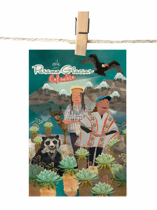 Detalle de ilustración ilustrado con páramo glaciar colombiano – cóndor, oso andino y comunidades indígenas, souvenir de ecosistema andino,  ecosistema único de los Andes colombianos, Andean ecosystem Colombia gift, postal para enviar Colombia, sustainable paper postcard Colombia, tarjeta postal recuerdo Colombia, postal coleccionable colombiana, Colombian souvenir postcard, tarjetas postales colombianas online, postal souvenir Colombia fauna, postales souvenir hechas en Colombia. Ailé