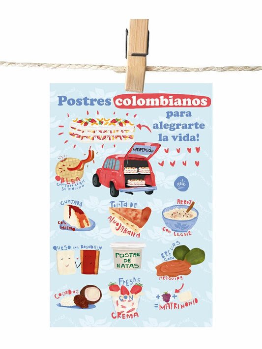 Detalle de ilustración postres colombianos lleno de dulces típicos ilustrados con nombres: "Merengón", "Torta de almojábana", "Cuajada con melao", "Postre de natas", "Arroz con leche", "Queso con bocadillo", "Brevas con arequipe", "Cocadas "postal para enviar Colombia, sustainable paper postcard Colombia, tarjeta postal recuerdo Colombia, postal coleccionable colombiana, Colombian souvenir postcard, tarjetas postales colombianas online, postal souvenir Colombia fauna, postales souvenir hechas en Colombia, 