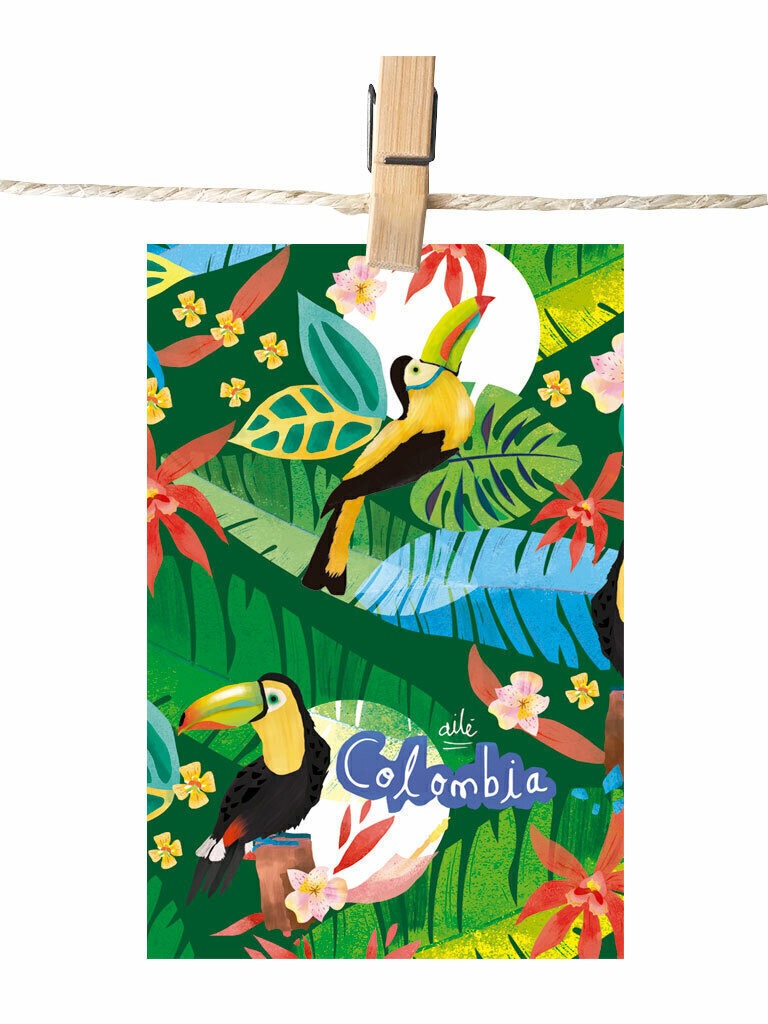 Detalle de ilustración ilustrado con tucanes y flora tropical colombiana, heliconias y hojas de selva diseño original Ailé Colombia, estampado tropical colombiano, diseño selva Colombia, postal para enviar Colombia, sustainable paper postcard Colombia, tarjeta postal recuerdo Colombia, postal coleccionable colombiana, Colombian souvenir postcard, tarjetas postales colombianas online, postal souvenir Colombia fauna, postales souvenir hechas en Colombia. Ailé
