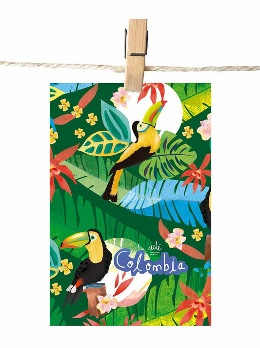 Detalle de ilustración ilustrado con tucanes y flora tropical colombiana, heliconias y hojas de selva diseño original Ailé Colombia, estampado tropical colombiano, diseño selva Colombia, postal para enviar Colombia, sustainable paper postcard Colombia, tarjeta postal recuerdo Colombia, postal coleccionable colombiana, Colombian souvenir postcard, tarjetas postales colombianas online, postal souvenir Colombia fauna, postales souvenir hechas en Colombia. Ailé