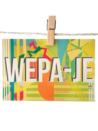 Detalle de ilustración Wepa-je Ailé, diseño geométrico con expresión colombiana, postal expresión colombiana, postal jerga Colombia, tarjeta postal wepa, postal palabras colombianas, wepa expresión colombiana, palabras típicas de Colombia, lenguaje popular colombiano diseño, postal coleccionable palabras Colombia, Colombian slang postcard, Colombian pop culture postcard gift, postales souvenir hechas en Colombia, postal para enviar Colombia, Colombian souvenir postcard. Ailé
