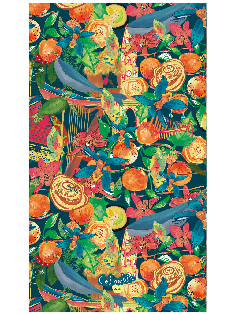Toalla de cuerpo  ilustrado con acordeón, frutas exóticas, ajiaco, orquídea, torre del reloj cartagena, grano del café, arpa, sombrero vueltiao, ballena jorobada y flora tropical colombiana, Colombian vallenato gift, regalo colombiano toalla ilustrada, souvenir playa Colombia Carnaval, regalo navidad toalla Colombia ilustrada, toalla regalo vacaciones Colombia, toalla playa Colombia fauna flora ilustrada. Ailé