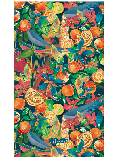 Toalla de cuerpo  ilustrado con acordeón, frutas exóticas, ajiaco, orquídea, torre del reloj cartagena, grano del café, arpa, sombrero vueltiao, ballena jorobada y flora tropical colombiana, Colombian vallenato gift, regalo colombiano toalla ilustrada, souvenir playa Colombia Carnaval, regalo navidad toalla Colombia ilustrada, toalla regalo vacaciones Colombia, toalla playa Colombia fauna flora ilustrada. Ailé